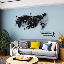 MEISD Luminous Large Wall Clock Modern Design 3D Art World Map Mirror Sticker Hanging Clock Acrylic Watch Home Living Room Decor256j