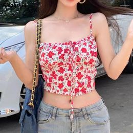 Women's Tanks Floral Camis Women Slim Sweet Female Crop Tops Summer Vacation Lace-up Fashion Backless Casual Vintage Korean Style Young Ins