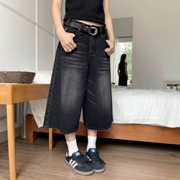 Women Black Y2k Style Baggy Denim Shorts Wide Leg Short Pants Fashion High Waisted Dark Wash Knee Length Jeans Female Casual 240311