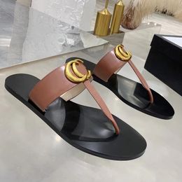 Designer Slippers Slides Women Slippers Slip Flops Leather Sandal with Double Metal Black White Brown Summer Beach Slippers 005