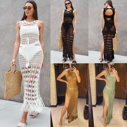 Casual Dresses Fringe Tassel Mesh Dress Hollow Out Knitted Crochet Tunic Beach Cover-ups Summer Wear
