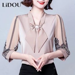 Spring Autumn Elegant Fashion Korean Shirt Women Solid Colour Seven-quarter Sleeve Lady Blouse Tops Aesthetic Chic Female Clothes240311