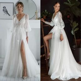 A Elegant Beach Line Wedding Dresses Side Split Cap Sleeve Lace Applique Bridal Gown Sweep Train Vestidos De Novia Custom Size pplique
