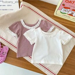T-shirts Korean New Summer Baby Girl Simple T-shirt Fashion Lace Cute Short Puff Sleeve Solid Cotton Top Toddler Girls Bottoming T-shirt L240311