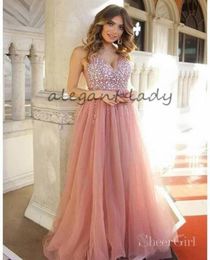 Dusty Rose Long Tulle Prom Dresses 2019 Shiny Bodice V Neck Sparkly Crystal Blush junior princess Party Evening Wear Gowns Dress1304841