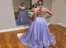 2 Piece Glitter Prom Dresses Purple Sleeveless Spaghetti Strap Cross Strap Back Long Formal Evening Party Gowns Robe De Soiree5000521