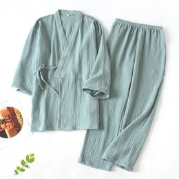 2024 Japanese Kimono Set 100%Cotton Pajamas Two-piece Couple Yukata Loose Mens And Womens Sweat Steaming Suit Home Service Set240311