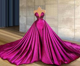 Gorgeous Fuchsia Mermaid Prom Dresses With Detachable Train Sweetheart Neck Overskirt Evening Gowns Party Dress Special Occassion 7022975