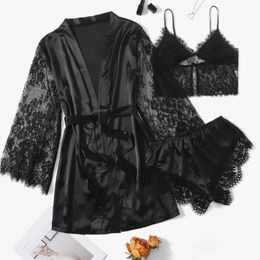 Sexy Nightgown Lingerie Black Lace Patchwork Nightdress Women Silk Kimono Lingerie Belt Bath Robe Nightwear Sleepwear 3 Pieces 240226