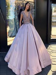 Beautiful A Line Ball Gown Prom Dresses Lace Applique Sequins Top Satin Skirt Formal Evening Dresses Party Gowns VNeck Zipper Bac8892921