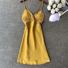 Women's Sleepwear Lace Patchwork Women Nightgown Satin Sleeveless Summer V-neck Nightdress Silky Sleep Dress Casual Home