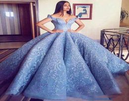 Baby Blue Ball Gown Quinceanera Dresses Satin Applique Off Shoulder Court Train Lace up Back Sweet 16 Dresses Prom Dresses Quincea1284395