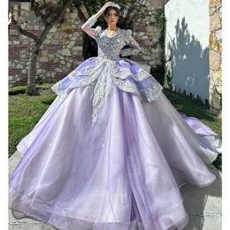 Princess Lilac Long Sleeves Ball Gown Quinceanera Dresses 2024 Beads Birthday Party Flowers Sweet 16 Dress Vestidos