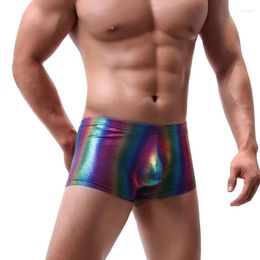 Underpants Men Boxer Shorts Shiny Rainbow Striped Clubwear Sexy Penis Pouch Calzoncillos Hombre Homme Underwear Cueca Stretch Gay Panites