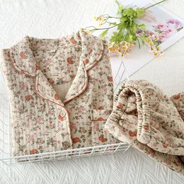 Womens Pyjamas Suit Thick Warm Cardigan Winter Pyjamas Sets Long Sleeve Flower Print Home Clothes Sleepwear240311
