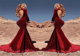 Sexy Fitted Mermaid Dark Red Velvet Prom Dresses 2019 Vestidos De Fiesta Long Sleeves Ruched Backless Celebrity Evening Dress4616789