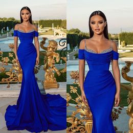 Royal blue mermaid Evening Gown beads straps off shoulder Party Prom Dresses Sweep Train Formal Long Dress for special occasion