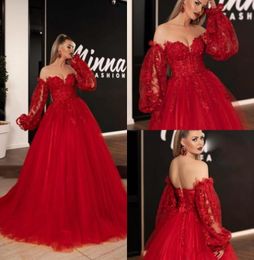 Red Tulle A Line Evening Party Formal Gowns Sweetheart Applique Lace Long Sleeves Prom Dresses Sexy Buttons Back Plus Size Dress4043497