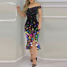 Casual Dresses Butterfly Print Off Shoulder V Neck For Women Elegant Cocktail Party Night Club Dress Summer