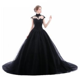 2019 Ball Gown Black Gothic Wedding Dresses High Neck Lace Tulle Corset LaceUp Back Women Non White Bridal Gowns With Color Custo2626130