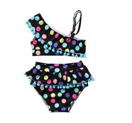 Girl Colorful Point Print Swimsuit Baby Off shoulder Swimwear Two Pieces Kids Summer Bikini Sets Baby Clothes CN G0228131404