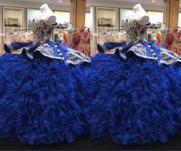 2023 Stunning Ball Gown Quinceanera Dresses Royal Blue And Gold Beaded Embroidered Organza Ruffle Tiered Princess Sweet 16 Dress P2893830