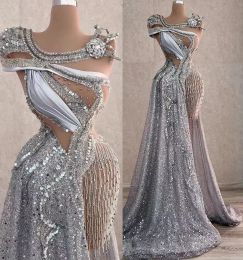 NEW Arabic Aso Ebi Sparkly Silver Luxurious Formal Occasion Prom Dresses Beaded Crystals Evening Formal Party Second Reception Birthday Engagement Gowns Dress