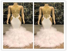 Gorgeous Halter Gold and White Prom Dresses Ruffles Tulle Real Pictures Mermaid Formal Cocktail Party Dresses Evening Gowns8683031