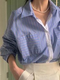 Women's Blouses Blusas Femininas Elegantes Retro Contrasting Buckle Collar Blue Double Pocket Striped Shirts Casual Blouse Chemise Femme
