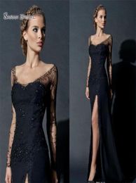 2021 Black High Split Sheath Evening Dresses Long Sleeves Lace Sequines Evening Gowns Celebrity Party Prom Dress8749896