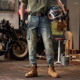 Men's Jeans Workwear Design Motorcycle Fashion Elastic Slim Fit Multi-Pocket Vintage Distressed Skinny Trousers