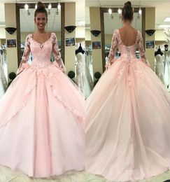 Light Pink Quinceanera Prom Dresses 2019 Long Sleeves Ball Gown Princess Sweet 16 Birthday Sweet Girls Prom Party Special Occasion4913639