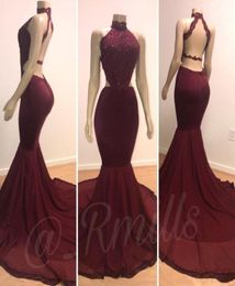 New Burgundy Prom Party Dresses 2019 Real Mannequins Halter Neck Open Back Sexy Cutaway Side Appliques Sequins Long Train Evening 7492793