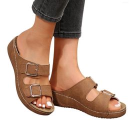 Slippers Open Toe Women's Summer Fashion Platform Shoes Buckle Beach Sandals Faux Suede Solid Colour Footwear Walking Flat