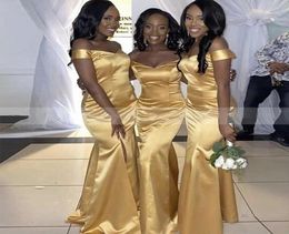 Sexy Simple African Gold Mermaid Bridesmaid Dresses Off Shoulder Elastic Satin Backless Floor Length Country Wedding Guest Dress M7724386