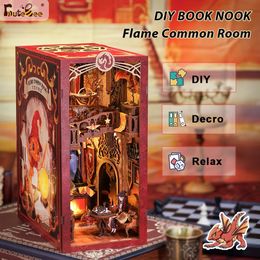 CUTEBEE Book Nook Doll House 3D Puzzle With Touch Light Dust Cover Magic Gift Ideas Bookshelf Insert Toy Gifts Flame Common Room 240304