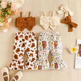 T-shirts ma baby 3-18M Newborn Baby Girl Clothes Sets Toddler Infant Knit Bow Vest Top Floral Cow Flare Pants Headband Summer Outfits D01 L240311