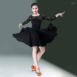 Stage Wear Plus Size Modern Sexy Black Latin Dance Dress Female Performance Autumn And Winter Lace Drill Practise Suit