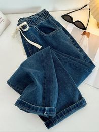 Women's Jeans Spring Autumn Vintage Wide Leg For Women Trendy Loose Elastic Waist Drawstring Straight Trousers Casual Female Denim Pants