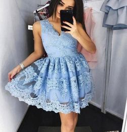 Light Blue Pink Full Lace Short Homecoming Dress V Neck Above Knee Length Formal Prom Dresses Cocktail Gowns5208979