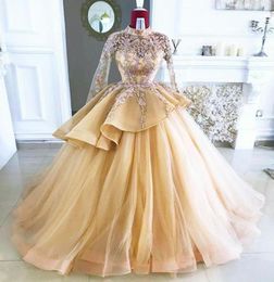 2021 Gold Beads Ball Gown Prom Dresses High Neck Lace Appliqued Peplum Long Sleeve Party Gowns Formal Dress Evening Wear For Women6411332