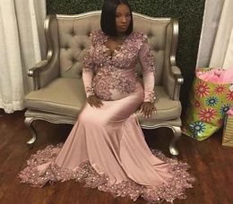 2021 Luxury Dusty Pink Prom Evening Dresses Appliques Lace Mermaid Pregnant Women Long Sleeves Deep V Neck Crystal Pearls Sexy For9808492