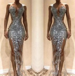 Gorgeous Silver Mermaid Prom Dresses 2022 Sexy See Through Sequins Bodice Split Long Women Occasion Evening Gowns Custom Made5366471