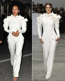 2020 New Arrival Celebrity Dresses White Leg Jumpsuit Long Sleeves High Neck with Flowers Formal Party Evening Dresses Custom Made8891256