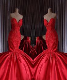 Luxury Dubai Red Beaded Mermaid Wedding Dresses 2020 Lace Crystal Trumpet Bridal Gowns Royal Train Sweetheart Robe De Mariee5714470