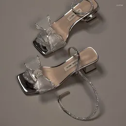Dress Shoes 2024 Silver Rhinestone Mesh Bow Sandal Fairy Line With Half Tow Summer Chunky Slippers