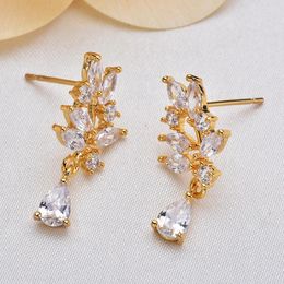 Dangle Earrings Color Retention Real Gold Plated Copper Zircon Flower Drop DIY Jewelry Making Findings Accessories