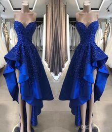 Royal Blue High Low Prom Cocktail Dresses Real Image A Line Beaded Appliques Sweetheart Asymmetrical Long Homcoming Gowns9132233