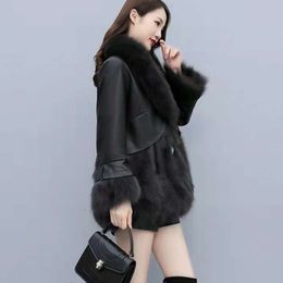 Women's Leather 2023 Winter Mid Length Slim Fit Fox Fur PU Skin Spliced Haining Coat Trendy 4862