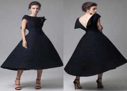 Krikor Jabotian Elegant Black Evening Dresses Lace Tulle Hand Made Flowers Tea Length Prom Gowns Plus Size High Quality Formal Par1247032